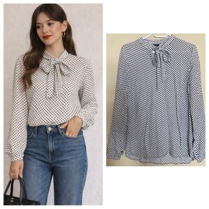 White Black Polka Dot Tie Neck Blouse S Office Chic Parisian
